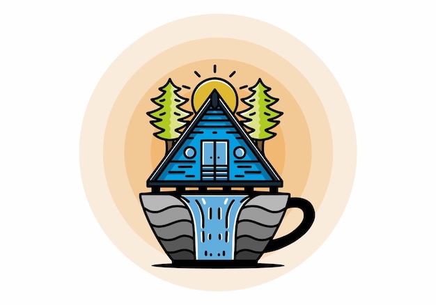 wood cabin and pine trees on the coffee cup shape with waterfall illustration