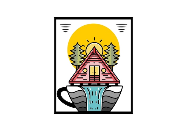 wood cabin and pine trees on the coffee cup shape with waterfall illustration