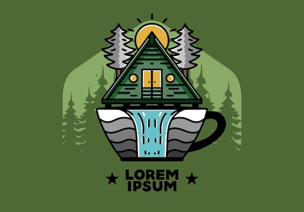 Wood cabin and pine trees on the coffee cup shape with waterfall illustration