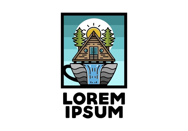 wood cabin and pine trees on the coffee cup shape with waterfall illustration