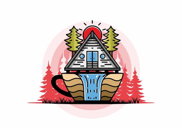 Wood cabin and pine trees on the coffee cup shape with waterfall illustration