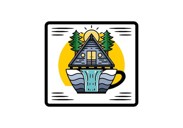 Wood cabin and pine trees on the coffee cup shape with waterfall illustration