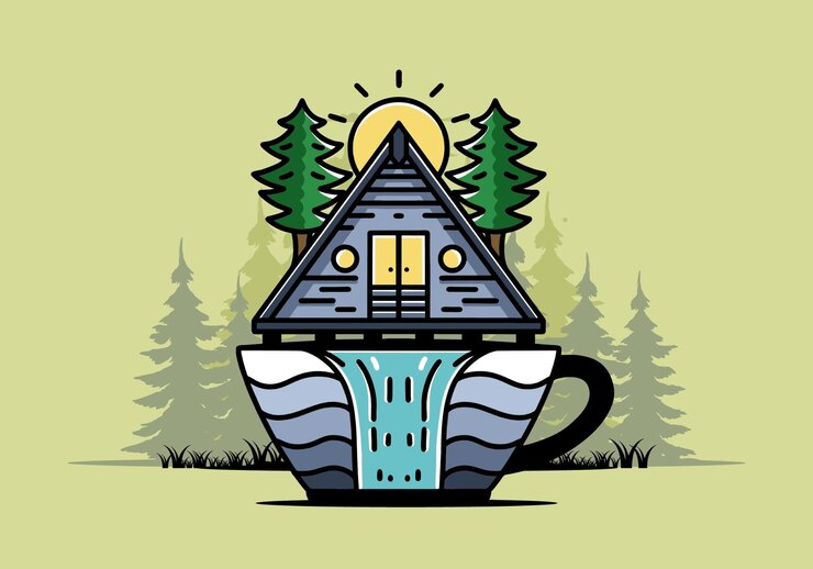 Vector wood cabin and pine trees on the coffee cup shape with waterfall illustration