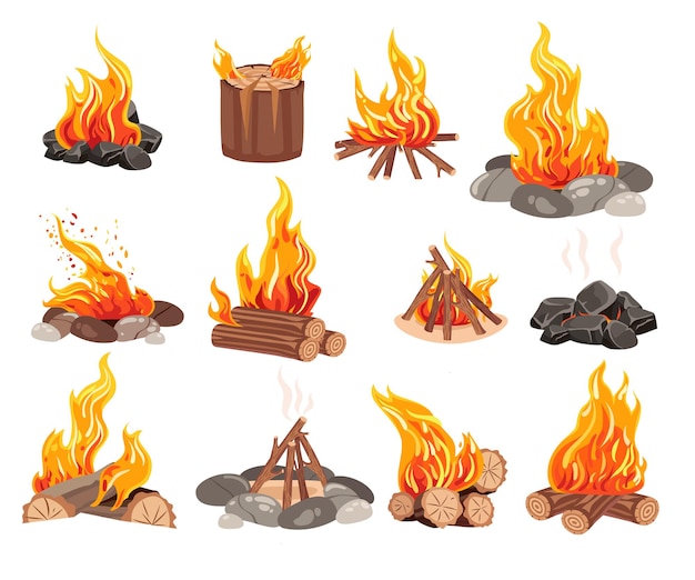 Vector wood campfire bonfire set