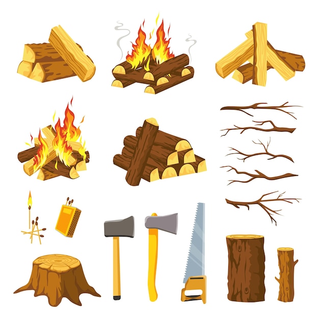 Wood campfire. Tree logs pile, branches, lumberjack ax, saw and matches for make bonfire. Burn firewood stack with flames, timber vector set. Equipment for cutting wood, outdoor hiking