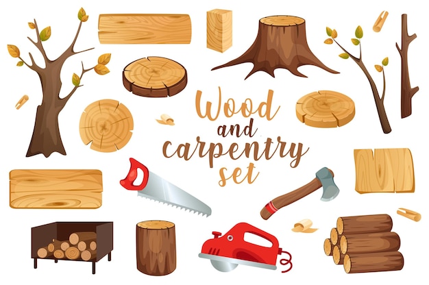 Vector wood and carpentry in cartoon style set isolated elements