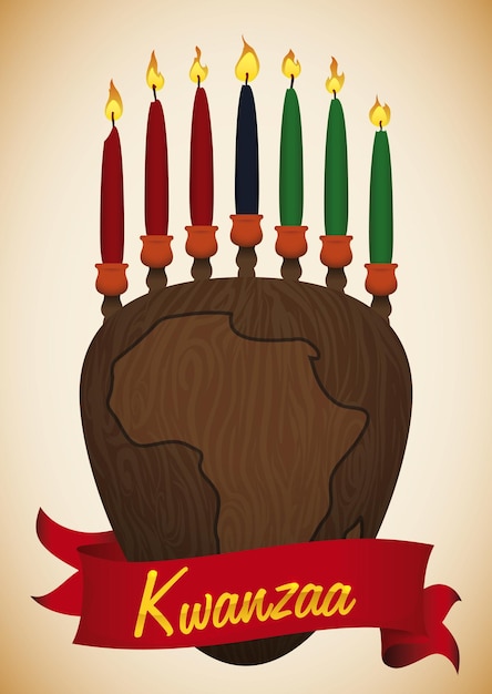 Vector wood carved kinara with africa map and traditional seven candles and red ribbon