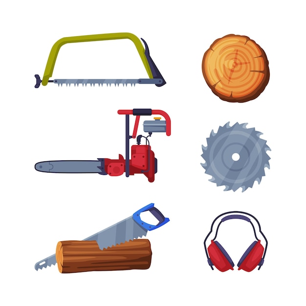 Wood Chopping Equipment with Saw Earmuffs and Wood Material Vector Set Woodcutting Tool for Tree or Timber Felling Concept