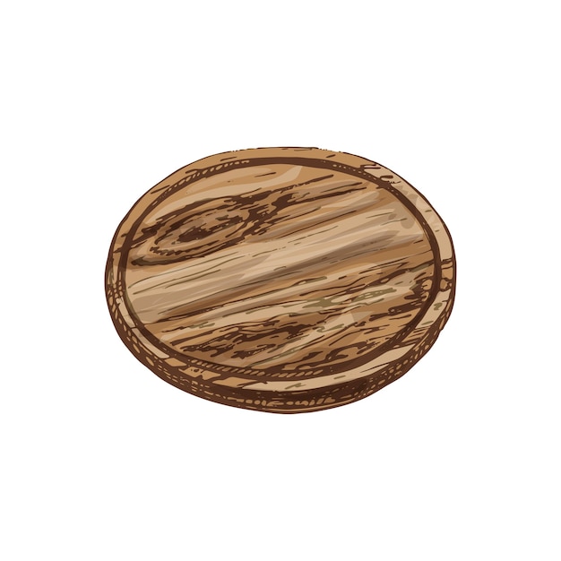 Vector wood circle cutting board. vintage hatching vector color illustration. isolated on white background. hand drawn design