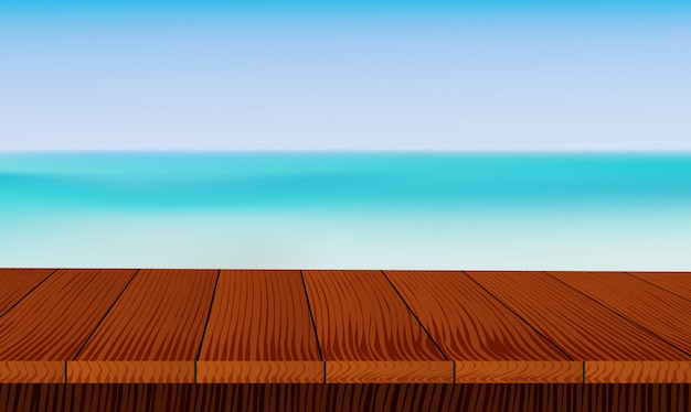 Vector wood deck on blur blue sky and-beautiful sea background