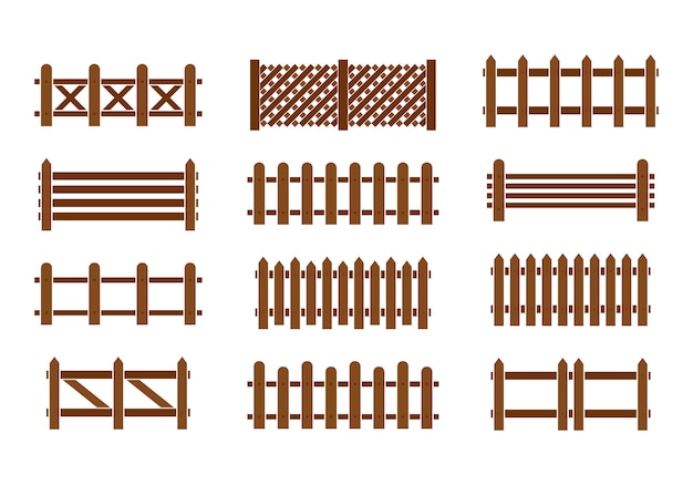 Vector wood fence set. different designs of fences and walls.