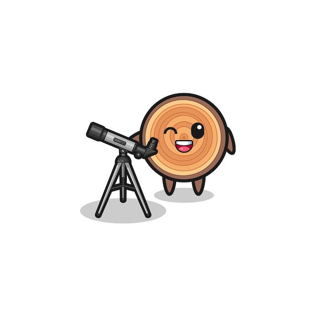 Vector wood grain astronomer mascot with a modern telescope