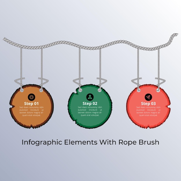 Wood hanging infographic elements with rope brush. flowchart steps label, data visualization info