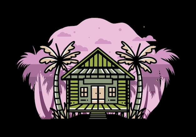 Wood house on the beach illustration badge design