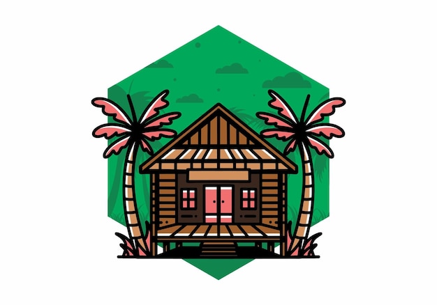 Wood house on the beach illustration badge design