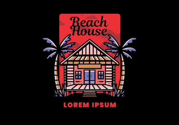 Vettore disegno del distintivo dell'illustrazione della casa in legno sulla spiaggia