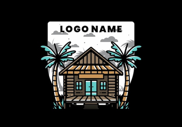 Wood house on the beach illustration badge design