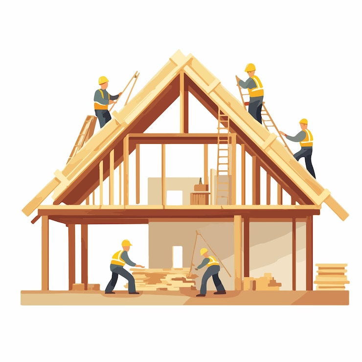 Vector wood house construction and renovation process