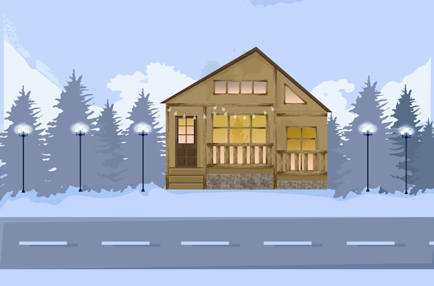 Wood house on a road in winter