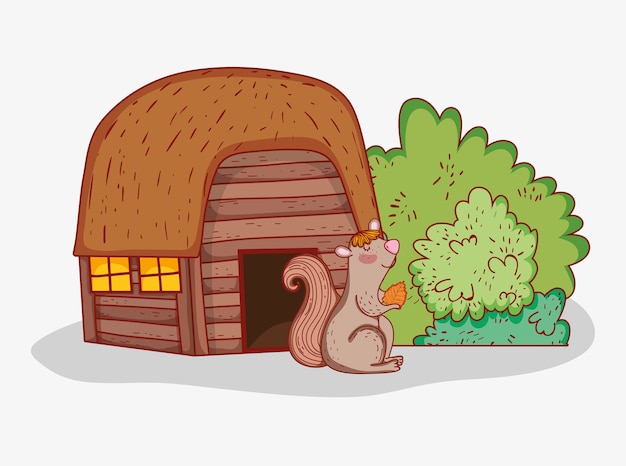 wood house with squirrel and autumn leaf