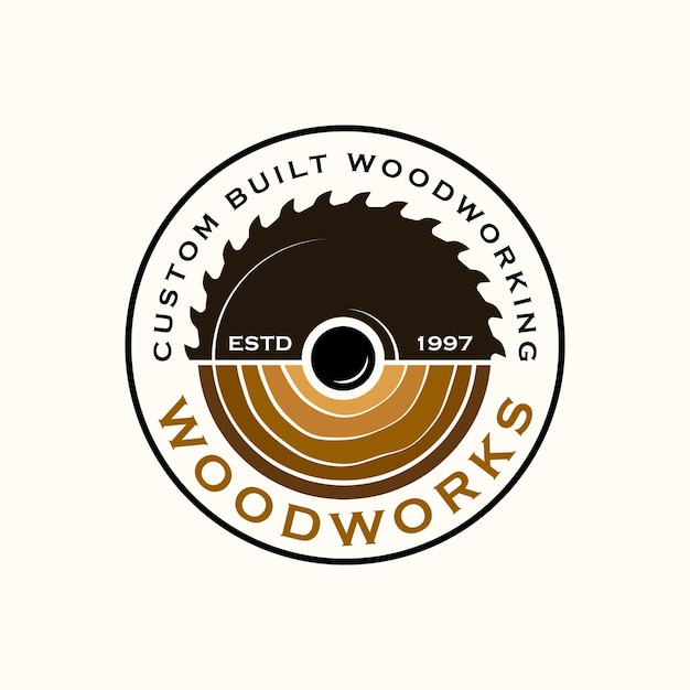 Vettore modello di logo di wood industries company con il concetto di seghe e carpenteria e stile vintage