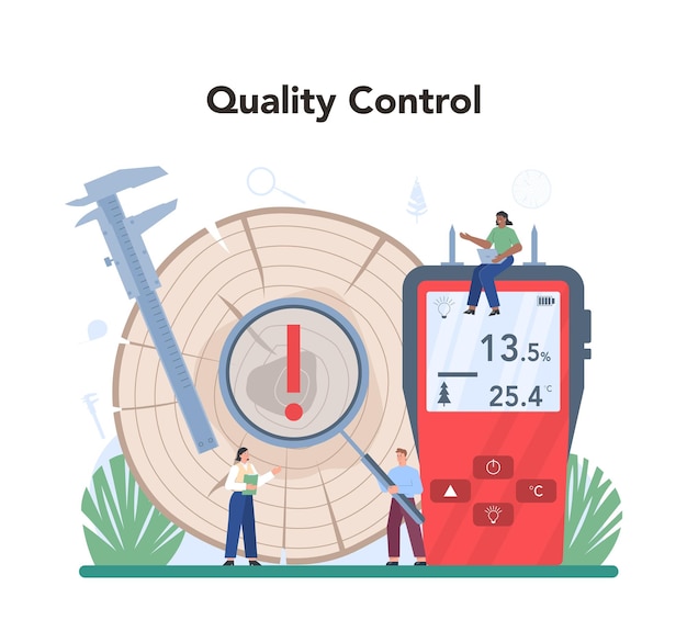 林業生産ラインとしての木材産業コンセプトチェッカー検査官品質管理伐採および木工プロセス孤立したフラットベクトル図