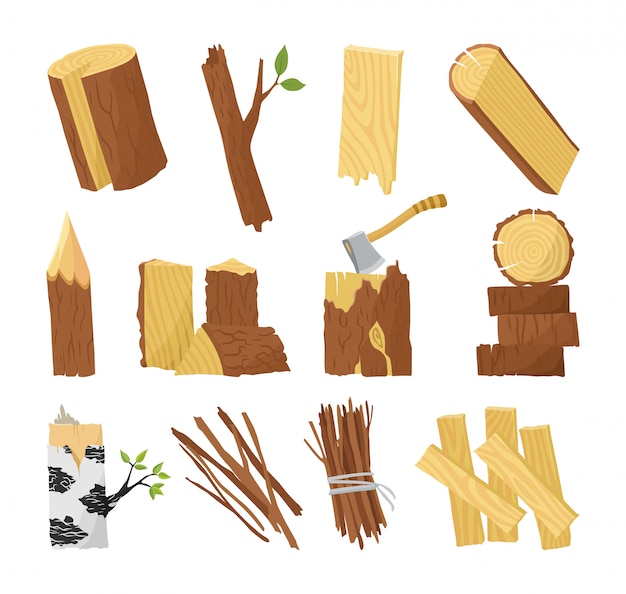 Vector wood industry raw material and production samples flat set with tree trunk logs planks door vector illustration