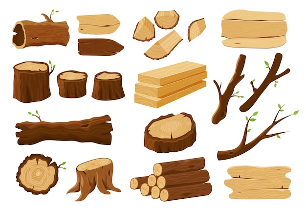 Wood logs, tree stumps and lumber wooden elements.