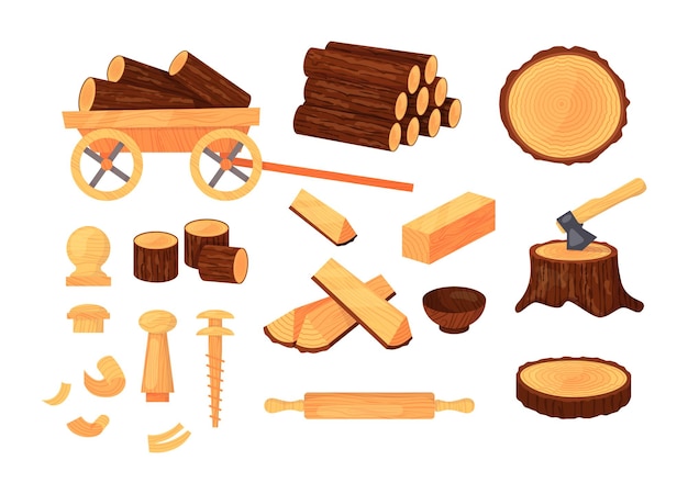 Vector wood material and products tree trunks bark cart with firewood branches planks wooden furniture chest shavings logs and boards for the forest industry set cartoon vector illustration