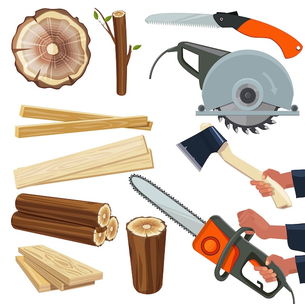 Вектор Древесные материалы. деревообрабатывающее и деревообрабатывающее оборудование, режущий инструмент, лесной ворс, отдельные картинки
