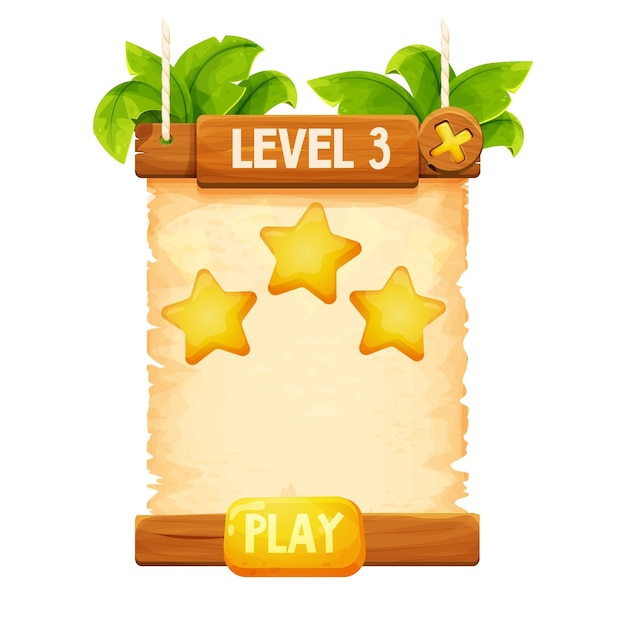 Wood planks with parchment paper in cartoon style, level achievement game screen Win golden stars