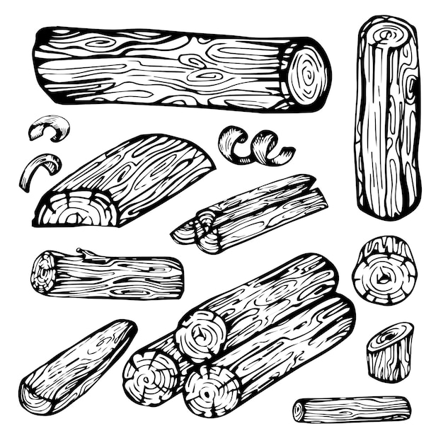 Vettore set in legno. tavole e tronchi, legname e tagli, legna da ardere in stile vintage.