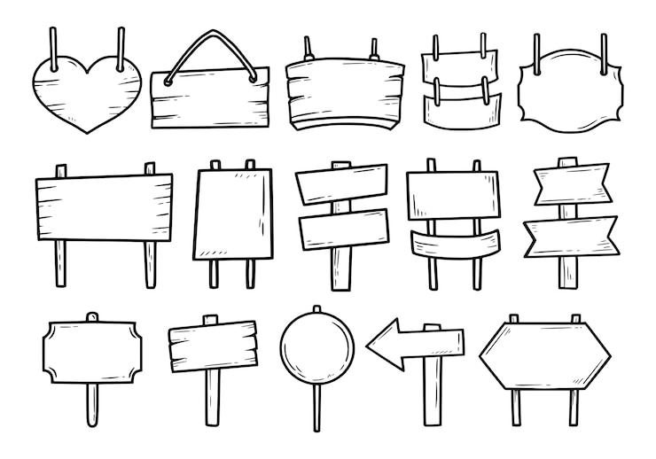 Vector wood sign outline drawing doodle set