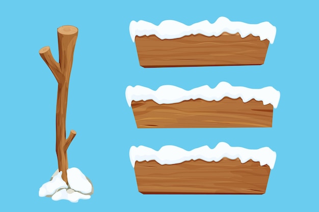 Wood sign set tree stick and wooden empty planks with snow in cartoon style