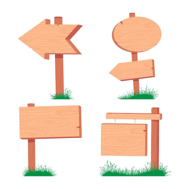 Wood sign on a stick in the grass vector cartoon set isolated on a white background