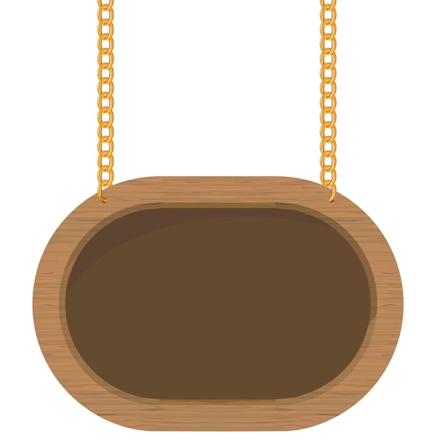 Wood Signboard hanging on metal chains. wooden frame sign. Old color wooden banner board with gold chain. Vector