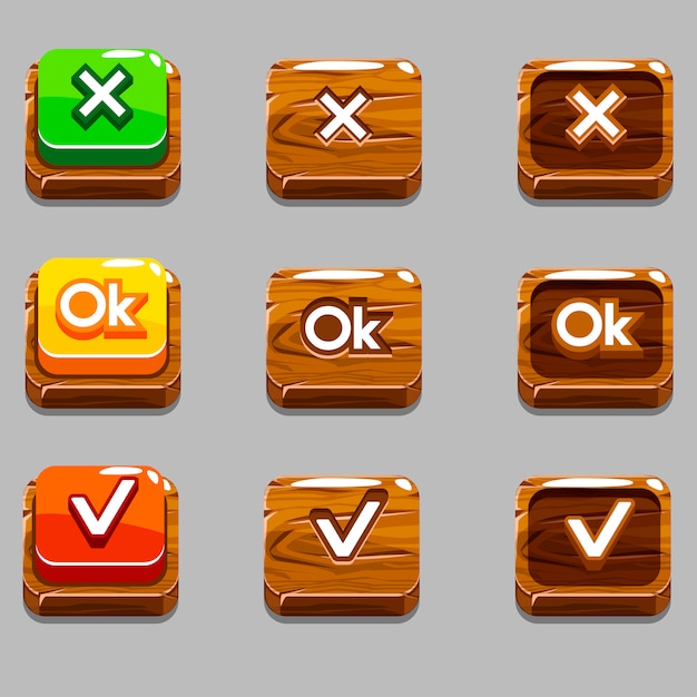 Vector wood square buttons for game , ok,yes, close