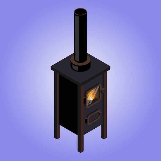 A wood stove with a black chimney on a blue background