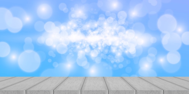 Vector wood table top on sky background.