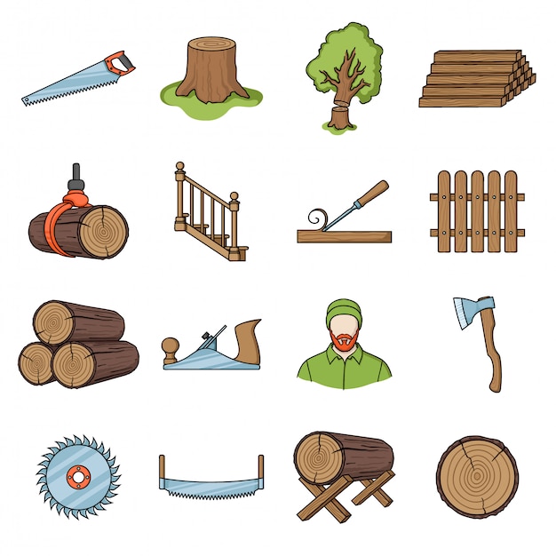 Wood of timber cartoon set icon