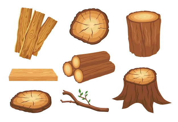 Set di illustrazioni vettoriali per legno e legname o legname. raccolta di disegni animati di parti di albero, assi di legno, pila di tronchi, ceppo, ramo. materiali da costruzione, concetto di silvicoltura