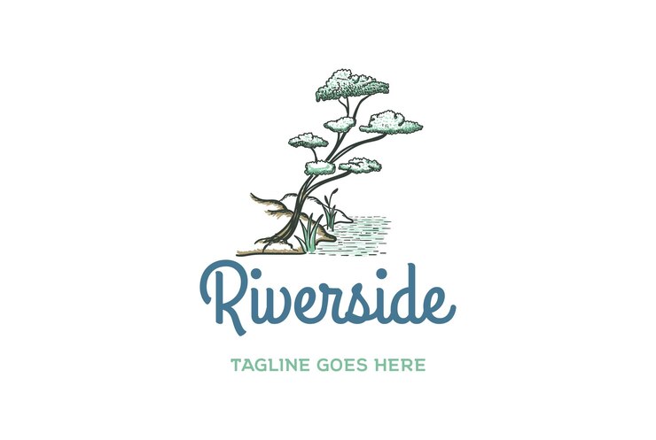 Vector wood tree and grass and river lake swamp logo design vector
