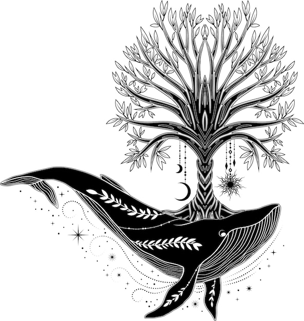 Деревянный силуэт дерева Древо жизни Логотип Плакат мистическое дерево Векторная иллюстрация