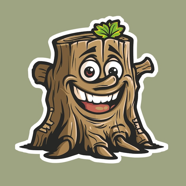 Wood tree stump with face cartoon character sticker vector illustration