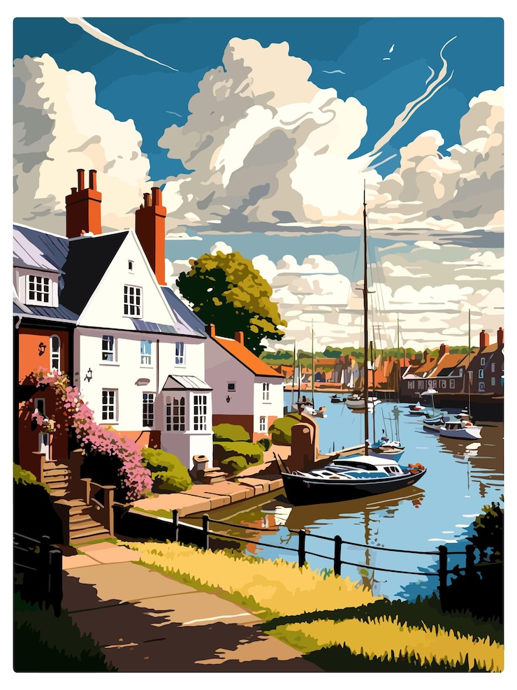 Vector woodbridge england vintage travel poster souvenir postcard portrait painting wpa illustration