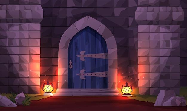 Vettore porta in legno antico castello medievale con muro di mattoni, pietre e due lampioni. scena notturna. illustrazione vettoriale del fumetto per il gioco 2d.
