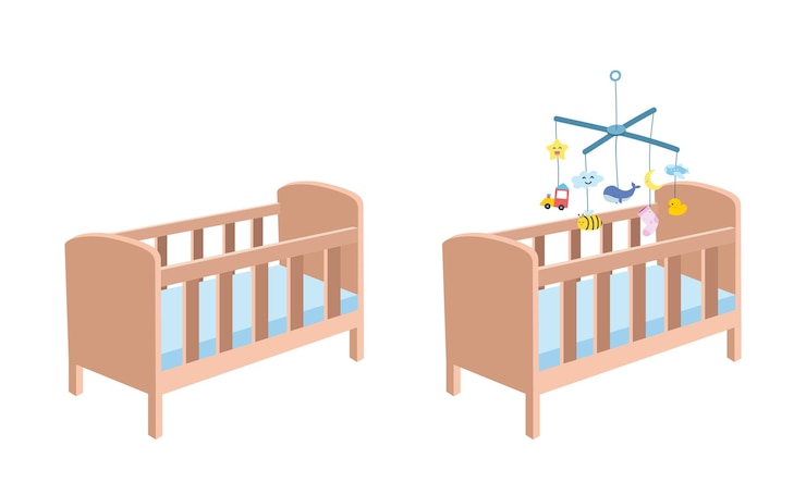 वेक्टर wooden baby crib clipart. simple cute crib with baby mobile hanging toy flat vector illustration