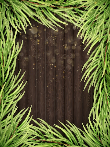 Wooden Background With Christmas Fir Tree.  