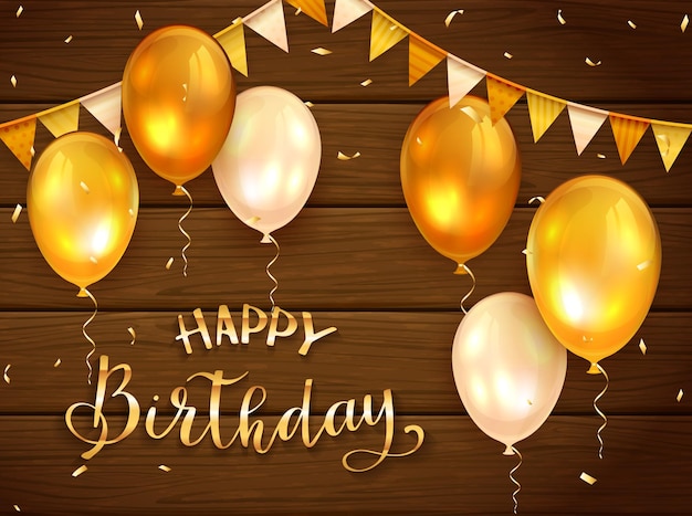 Wooden background with golden lettering Happy Birthday. Holiday balloons, pennants and gold confetti, illustration.