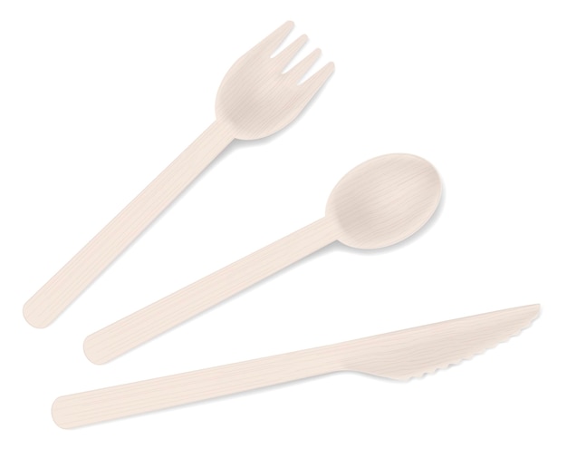 Wooden bamboo fork spoon and knife vector illustration disposable biodegradable eco cutlery set